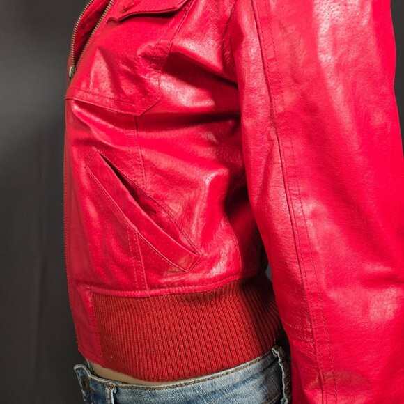 Y2K Red Leather Bomber Moto Jacket Size S Short Cropped Zip Up 2000s - Picture 6 of 12